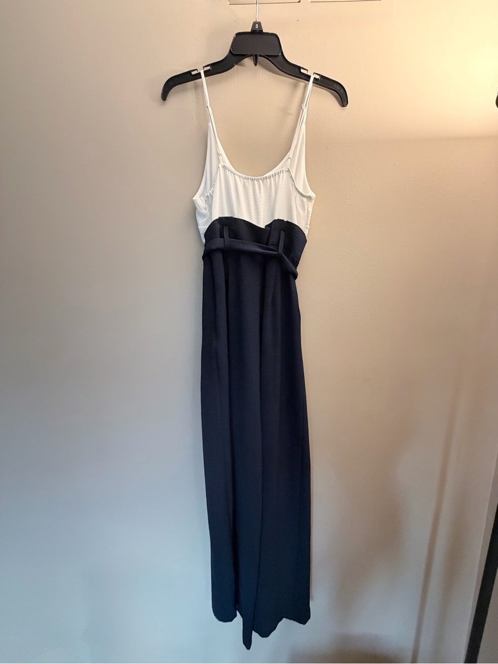 White and Navy Two-Tone, Long Jumpsuit with Waist Tie